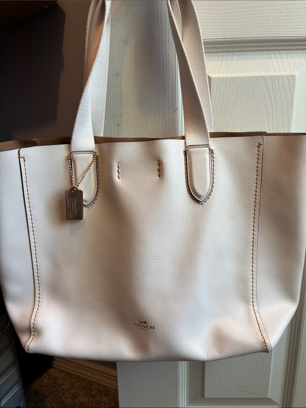 Coach White Leather Tote with Gold-Tone Tag